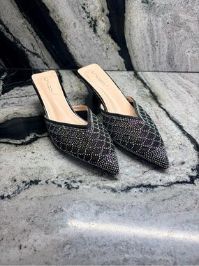 Unilady Rhinestone Pointed Toe Kitten Heel Mules Black Women’s 7.5